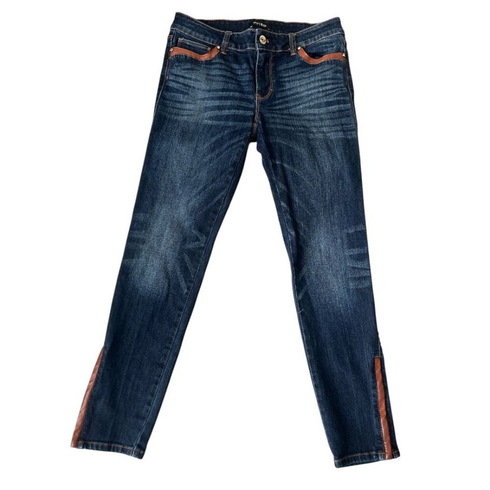 WHBM The Skimmer Blue Dark Wash Whiskered Stretch Cotton Ankle Zip Jeans Size 4